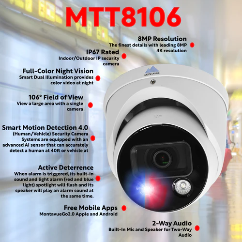 8MP Active Deterrence Turret Camera Security System w/ 16 Channel NVR and 3TB Hard Drive, MTT8106-AISMDAD 8MP Active Deterrence Turret Camera Security System w/ 16 Channel NVR and 3TB Hard Drive, MTT8106-AISMDAD Active Detterence
