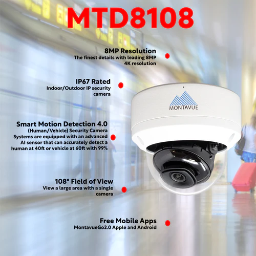 8MP 4K Smart Motion Vandal Dome Camera Security System w/ 16 Channel NVR and 3TB Hard Drive – MTD8108-AISMD-X 8MP 4K Smart Motion Vandal Dome Camera Security System w/ 16 Channel NVR and 3TB Hard Drive – MTD8108-AISMD-X Listen-In Audio (Mic)